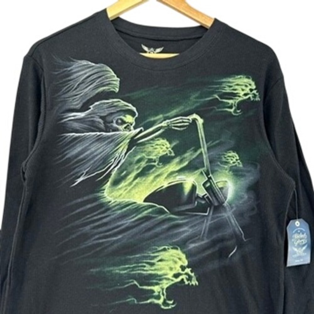 Y2K Faded Glory Thermal Shirt Black Green Skeleton Biker Motorcycle SZ M Cyber
